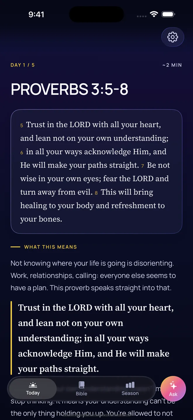 Faithlify's reading screen: a short passage from Proverbs with a short explanation below.