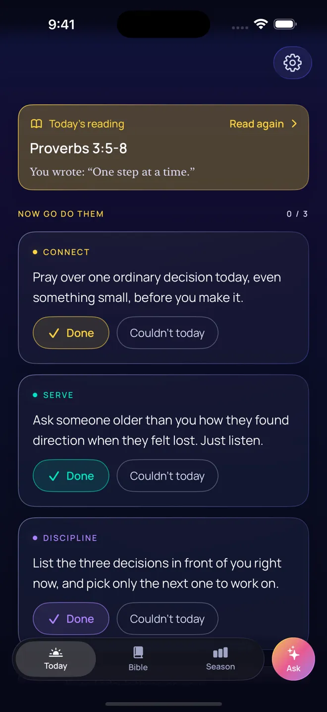 Today's three actions in Faithlify: connect, serve and discipline, each with Done and Couldn't today buttons.