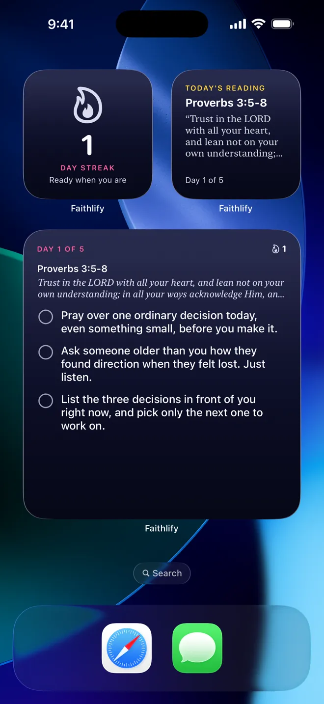 Faithlify widgets on an iPhone Home Screen: streak, today's passage and today's three actions.
